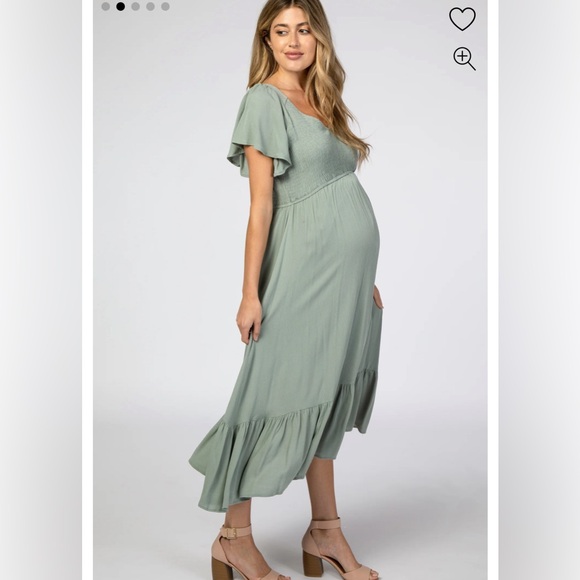 Pinkblush Light Olive Smocked V-Neck Maternity Midi Dress Small - Picture 3 of 6